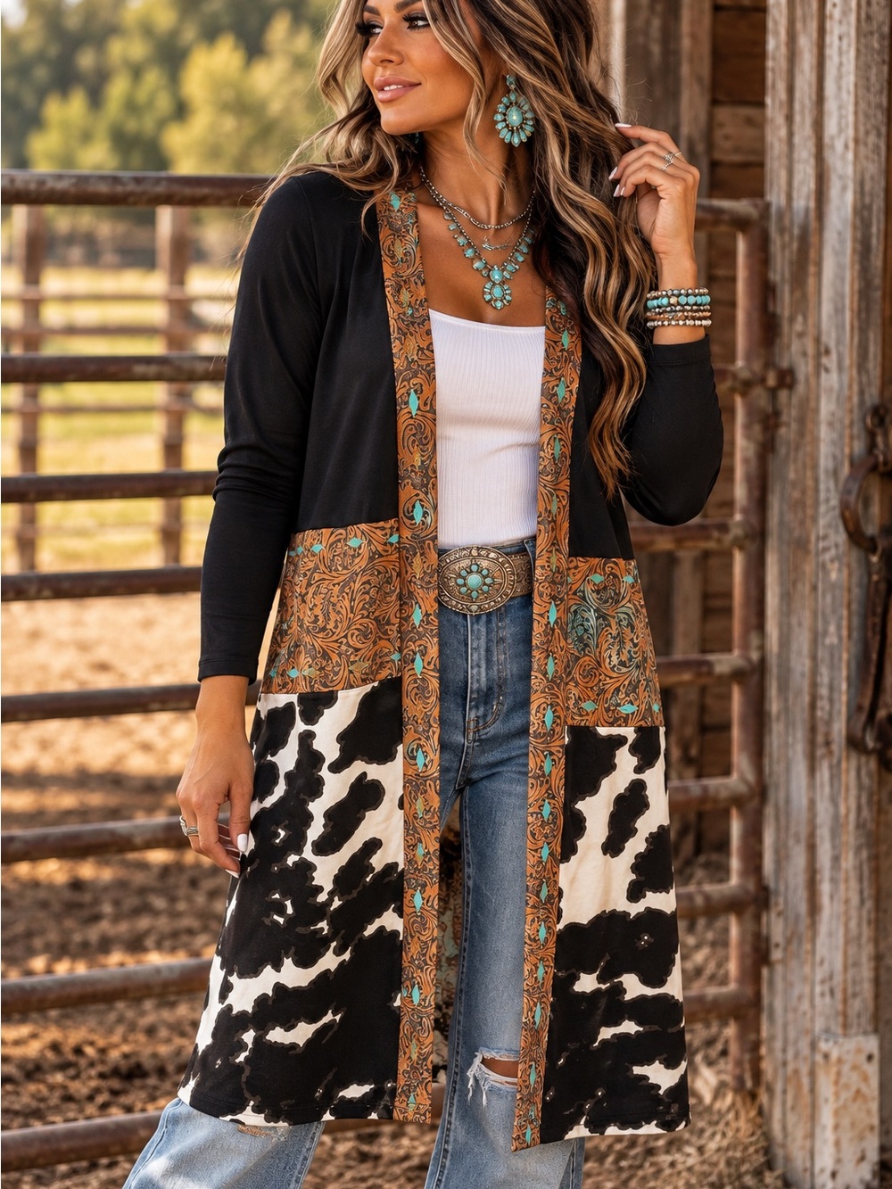 Crazy Train Black & Tan Cowhide Print Open Cardigan with Turquoise Paisley Trim